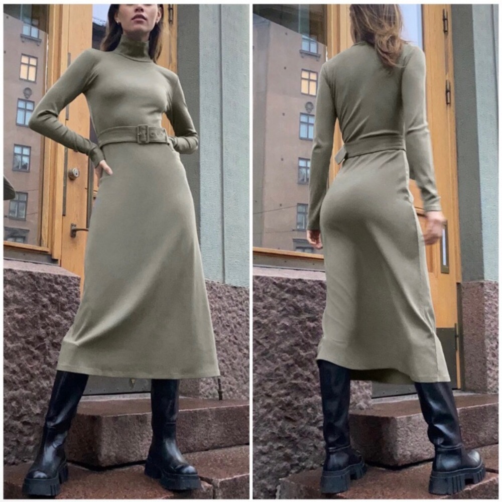 Wilfred by Aritzia flawed* Quintana Mock Neck Midi Dress in Olive Leaf Green XS